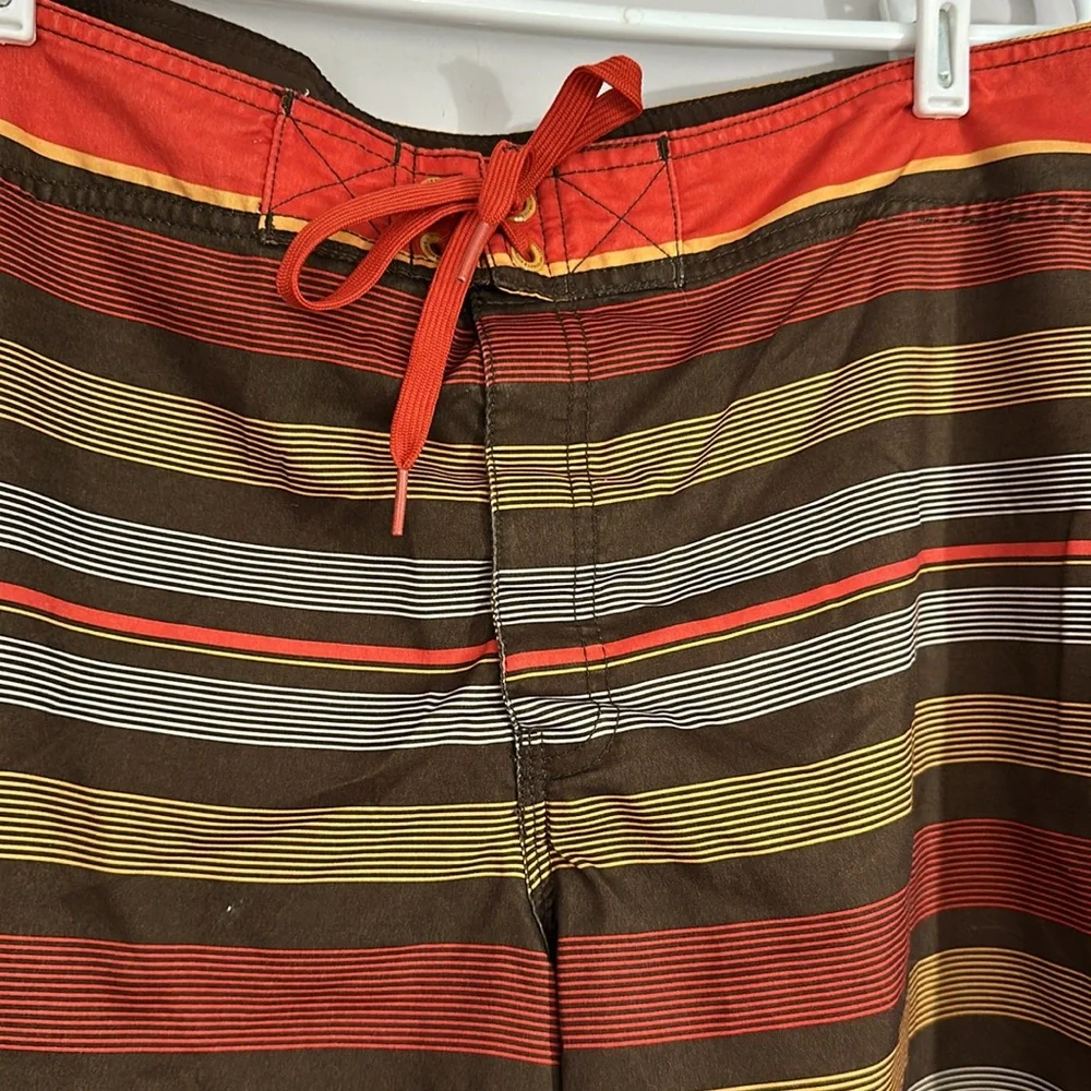 Striped Men's Swim Shorts - Red, Brown, and Tan